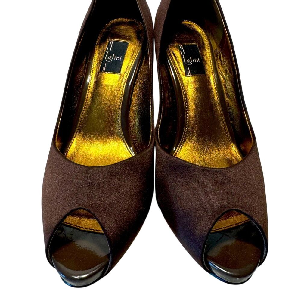 Chocolate Brown Satin Glint Designer Peep Toe Heel Womens 8.5 Leather Sole Party